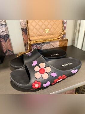 Prada Black Slide Sandals with Pink, Red & Purple Floral Accents